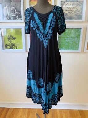 Vintage Black & Blue Embroidered Boho Midi Dress | Festival Fairy Grunge Lace-Up